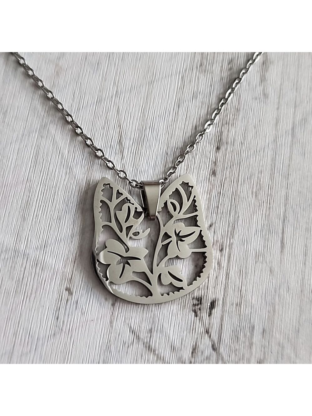 Stainless Steel Cat Floral cutout 16 INCH Chain Necklace NYG
